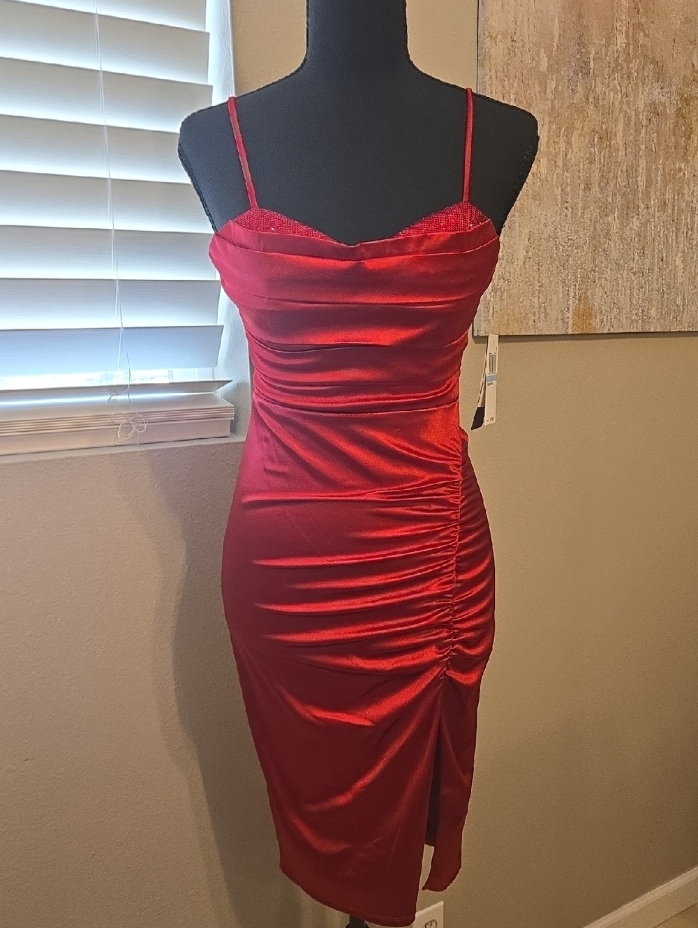 Red Satin Ruched Midi Slip Dress with Spaghetti Straps